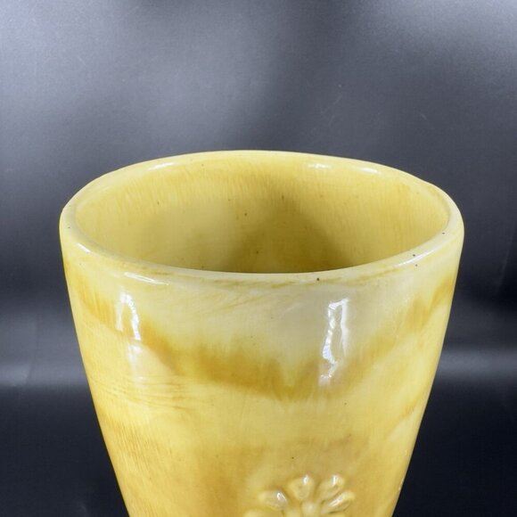 Antique Tall Yellow Pottery Vase Embossed Flower USA Hand Made Vase Vessel VTG - Picture 8 of 16